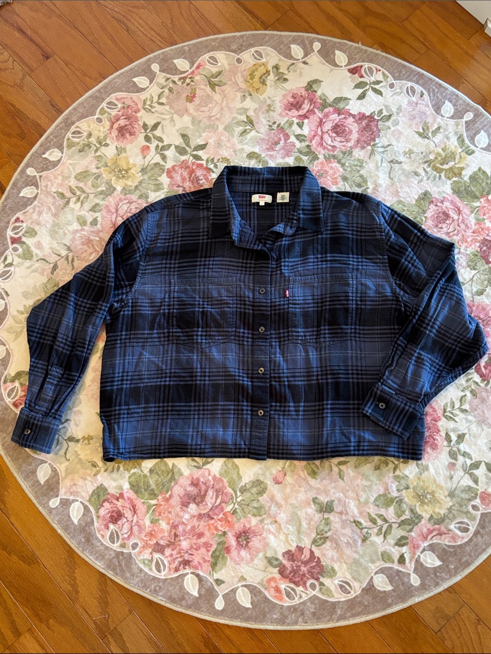 Levi's Vintage Navy and Black Plaid Flannel Button-Up Crop Shirt